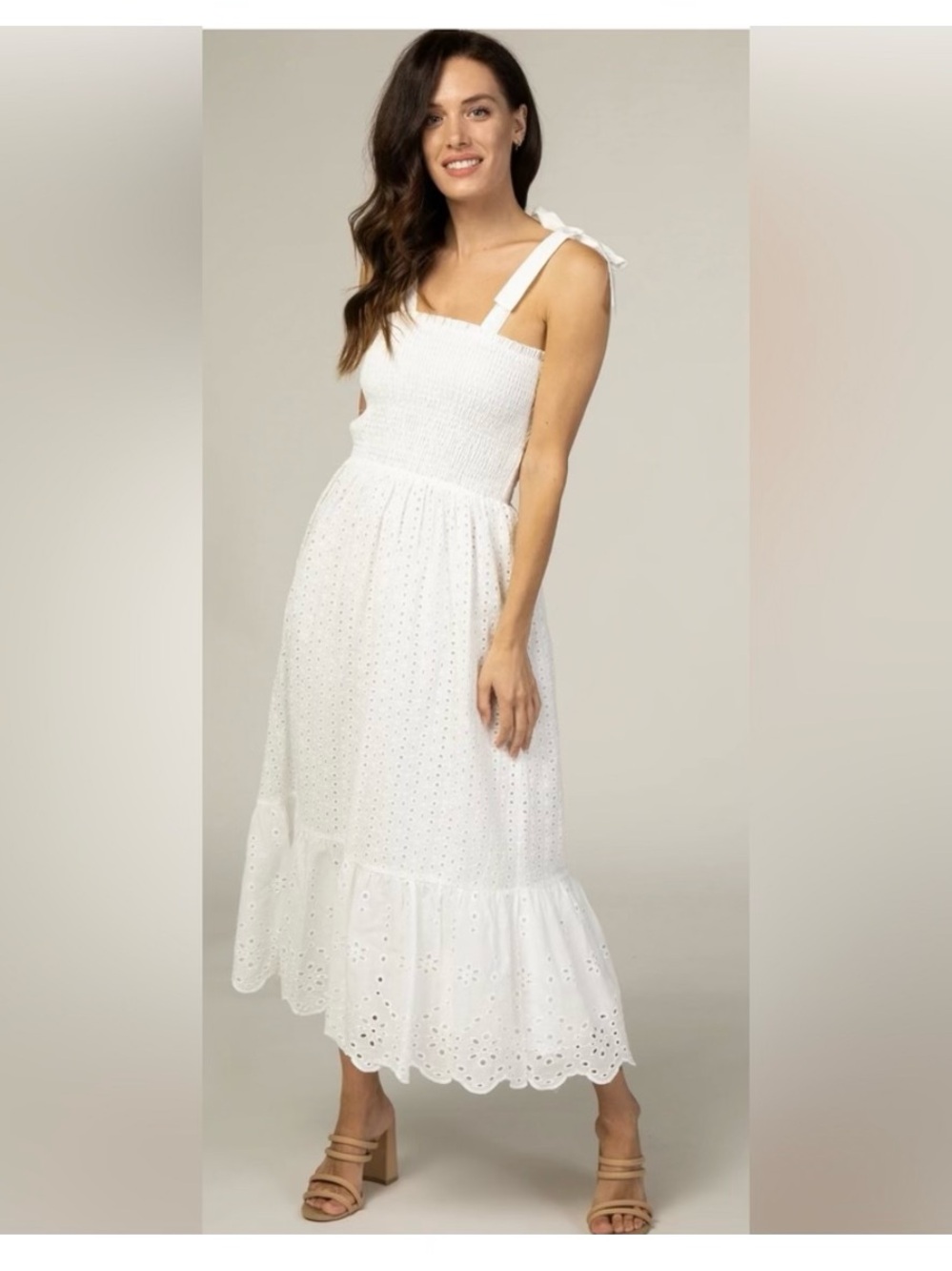 Everly White Eyelet Tie-Strap Smocked Midi Dress